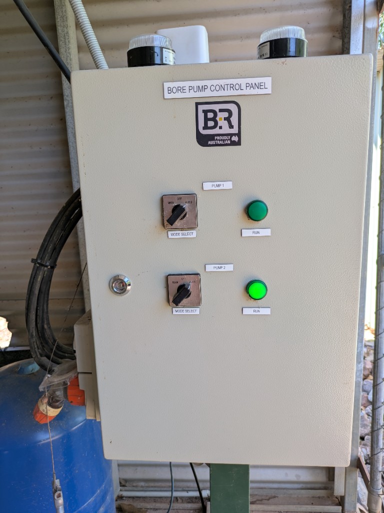 Bore pump control panel — Pump 1 and Pump 2 mode switches and run indicators