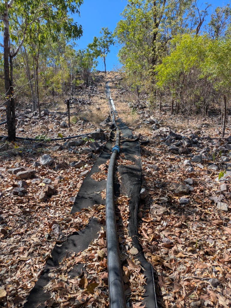 Primary water main descending from hill tanks toward the road crossing