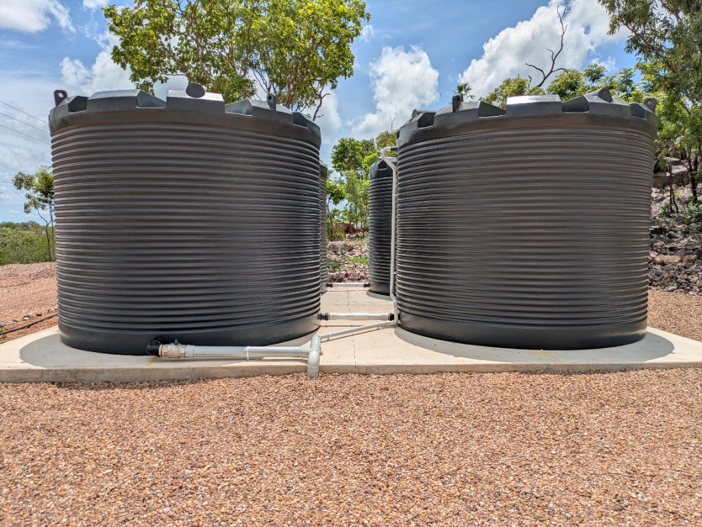 Four 27,000 L recycled water storage tanks at the WWTP