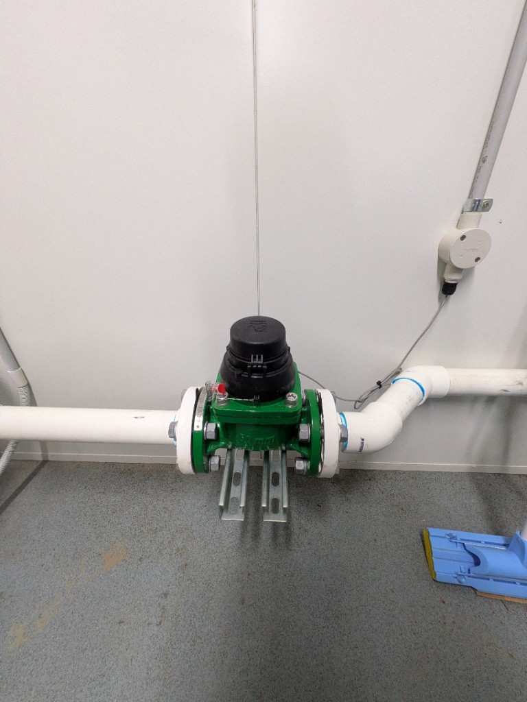 50 mm mechanical flow meter in the WWTP control room (one pulse per 1,000 L)